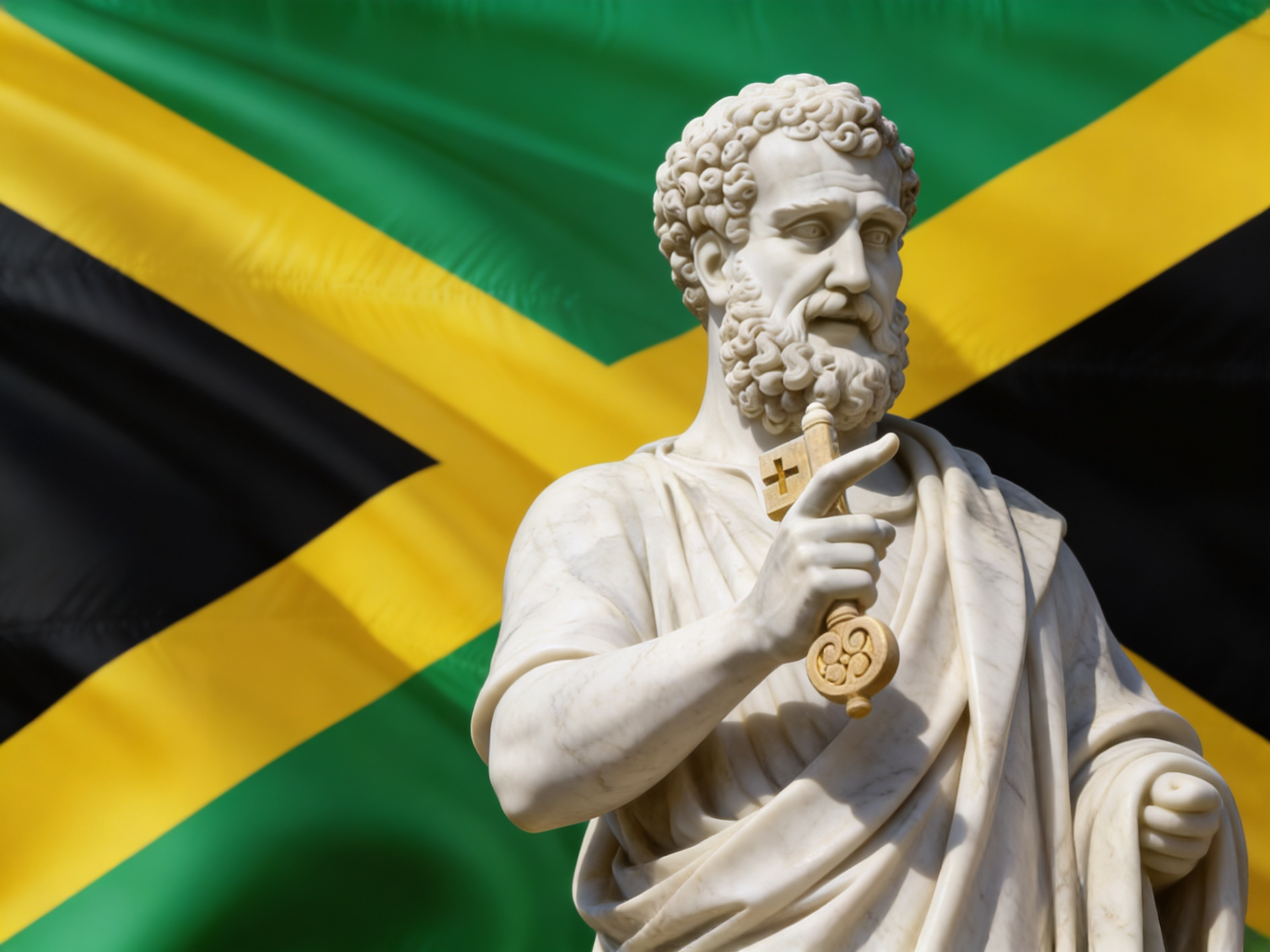 Roots of Reason album cover — a marble apostle holding the keys against the Jamaican flag